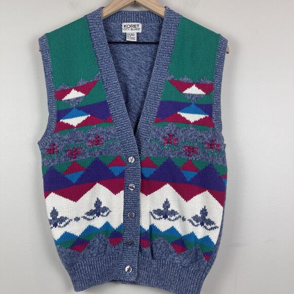 Koret City Blues Womens Sweater Vest Small Blue Aztec Geometric Granny Cottage - Picture 1 of 7